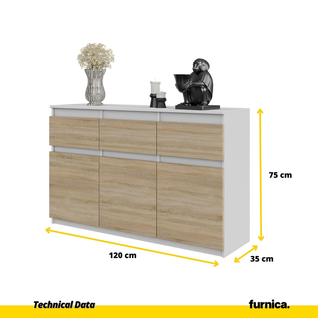 NOAH - Komoda se 3 šuplíky a 3 dveřmi - Skříň na uložení oblečení do ložnice - Bílý mat / Sonoma dub - Výška 75 cm, šířka 120 cm, hloubka 35 cm.