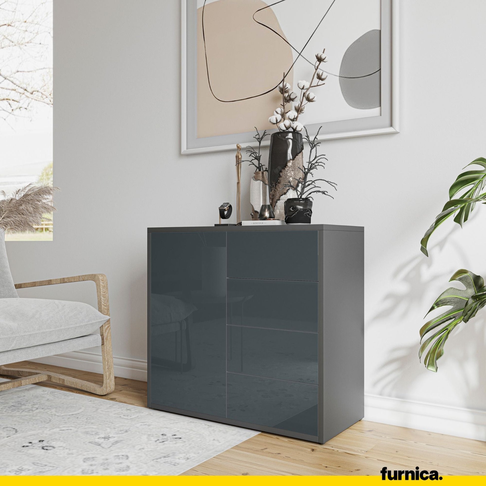 CAMILLE - Skříň s dvířky a 4 zásuvkami s funkcí push to open - antracit / lesklý antracit H74cm W80cm D36cm (4) – Furnica