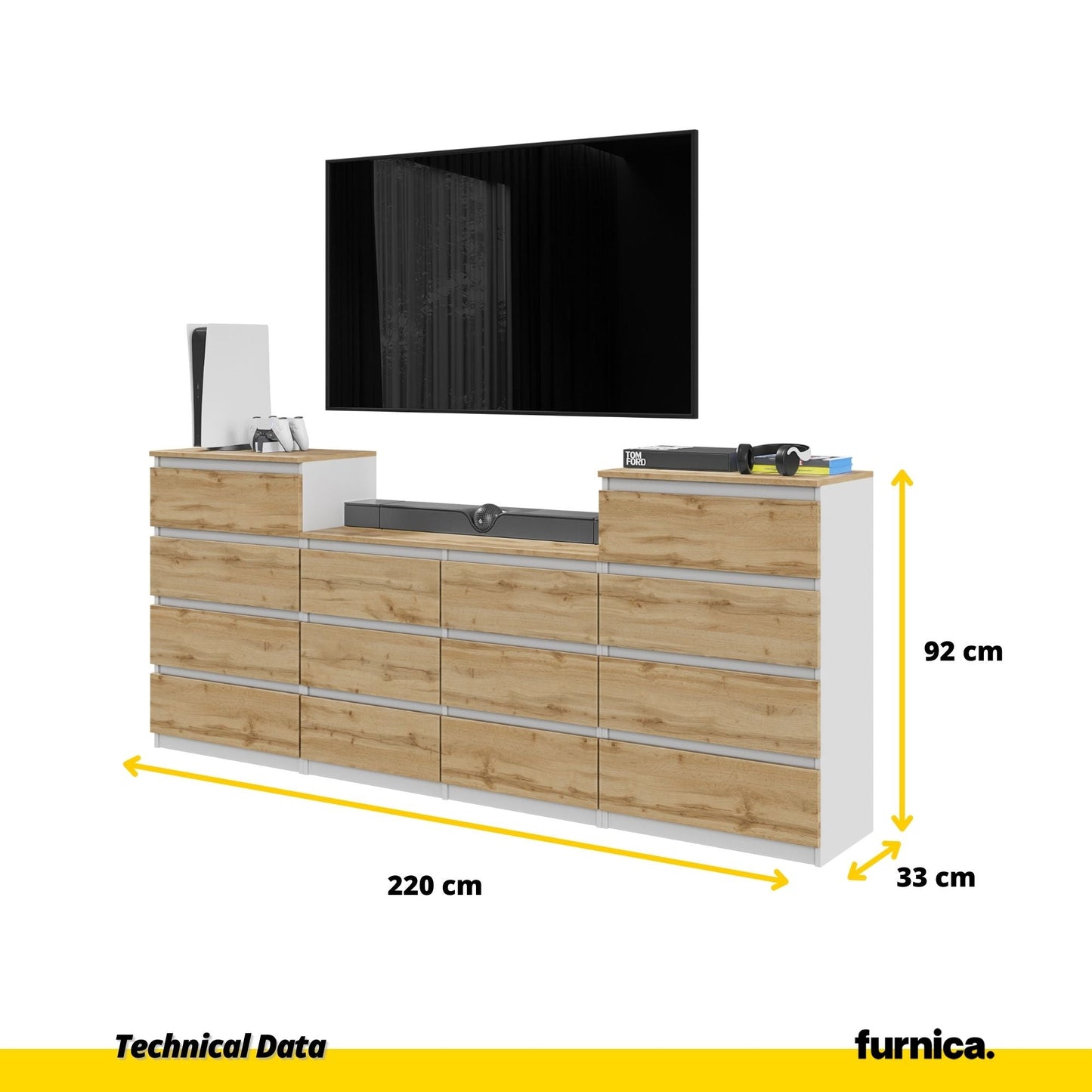 GABRIEL - Komoda se 14 šuplíky (4+6+4) - Skříň na oblečení do ložnice - Bílý mat / Wotan dub H92cm W220cm D33cm