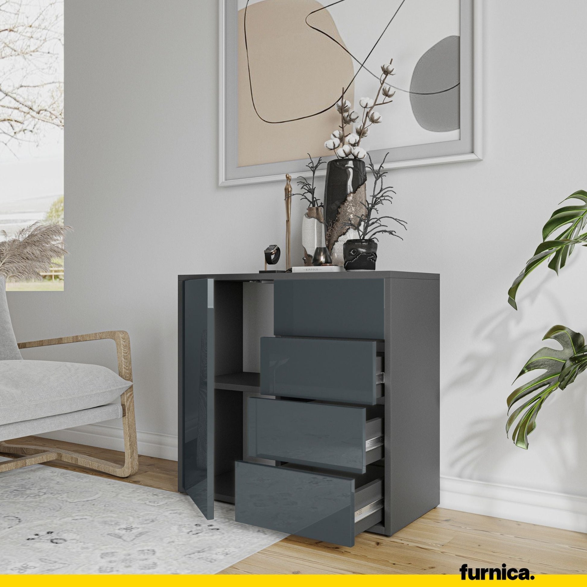 CAMILLE - Skříň s dvířky a 4 zásuvkami s funkcí push to open - antracit / lesklý antracit H74cm W80cm D36cm (5) – Furnica