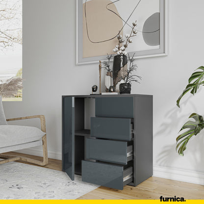 CAMILLE - Skříň s dvířky a 4 zásuvkami s funkcí push to open - antracit / lesklý antracit H74cm W80cm D36cm (5) – Furnica