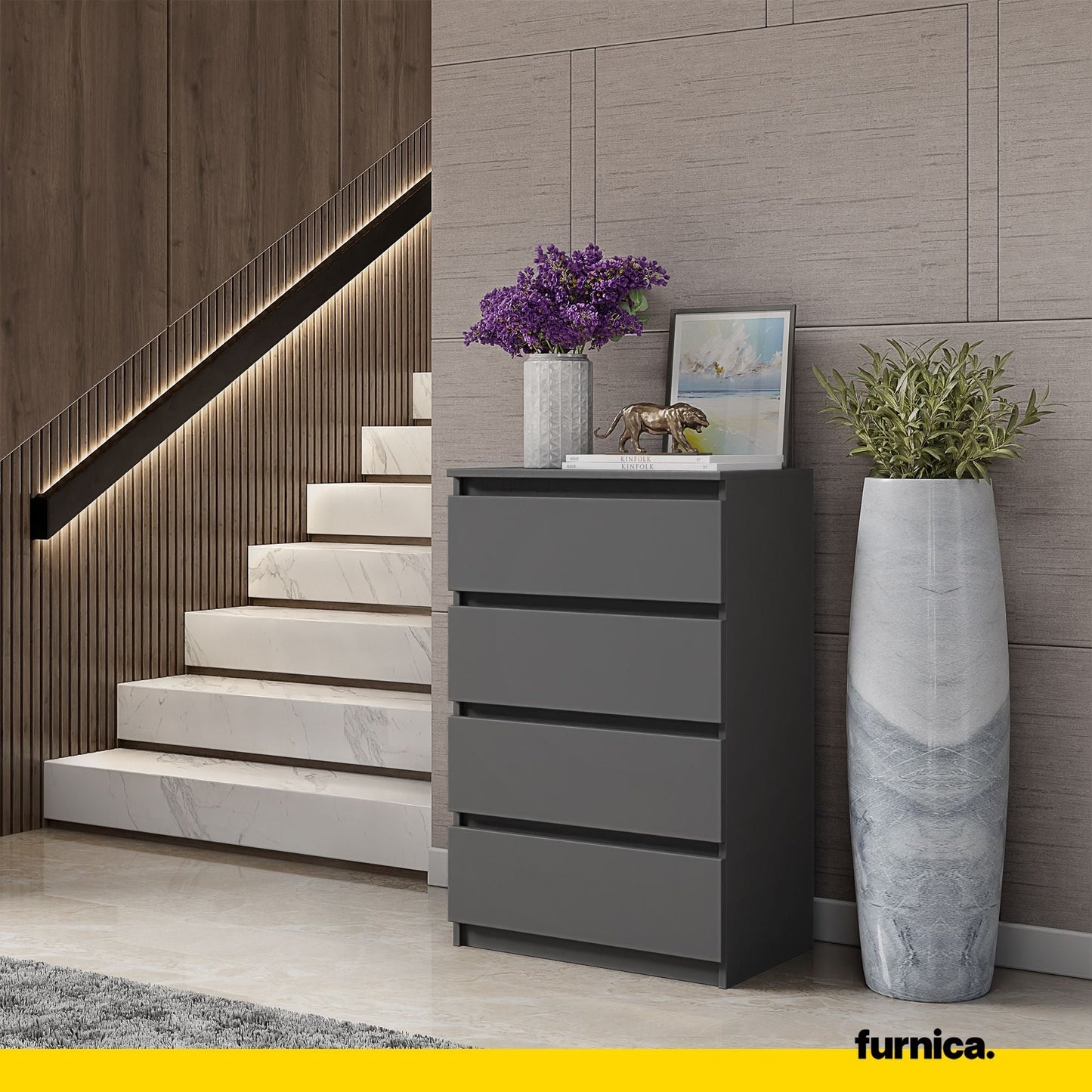 GABRIEL - Komoda se 4 šuplíky - Skříň na oblečení do ložnice - Anthracitová - V92cm Š60cm H33cm (3) – Furnica