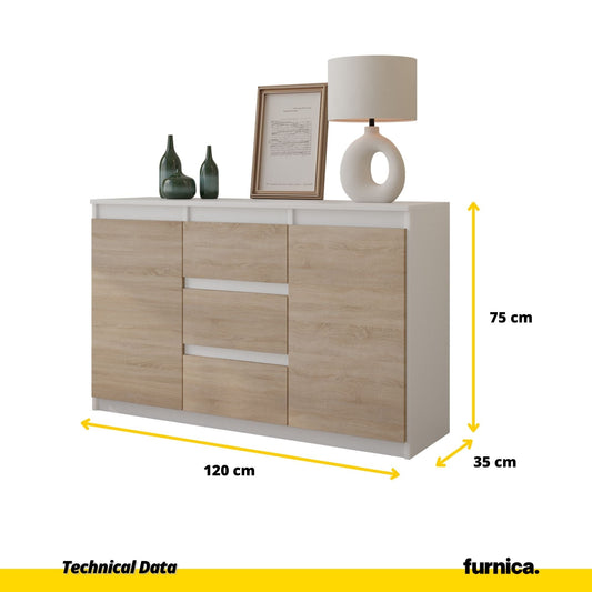 MIKEL - Komoda se 3 šuplíky a 2 dveřmi - Skříň na oblečení do ložnice - Bílý mat / Sonoma dub - Výška 75 cm, šířka 120 cm, hloubka 35 cm.