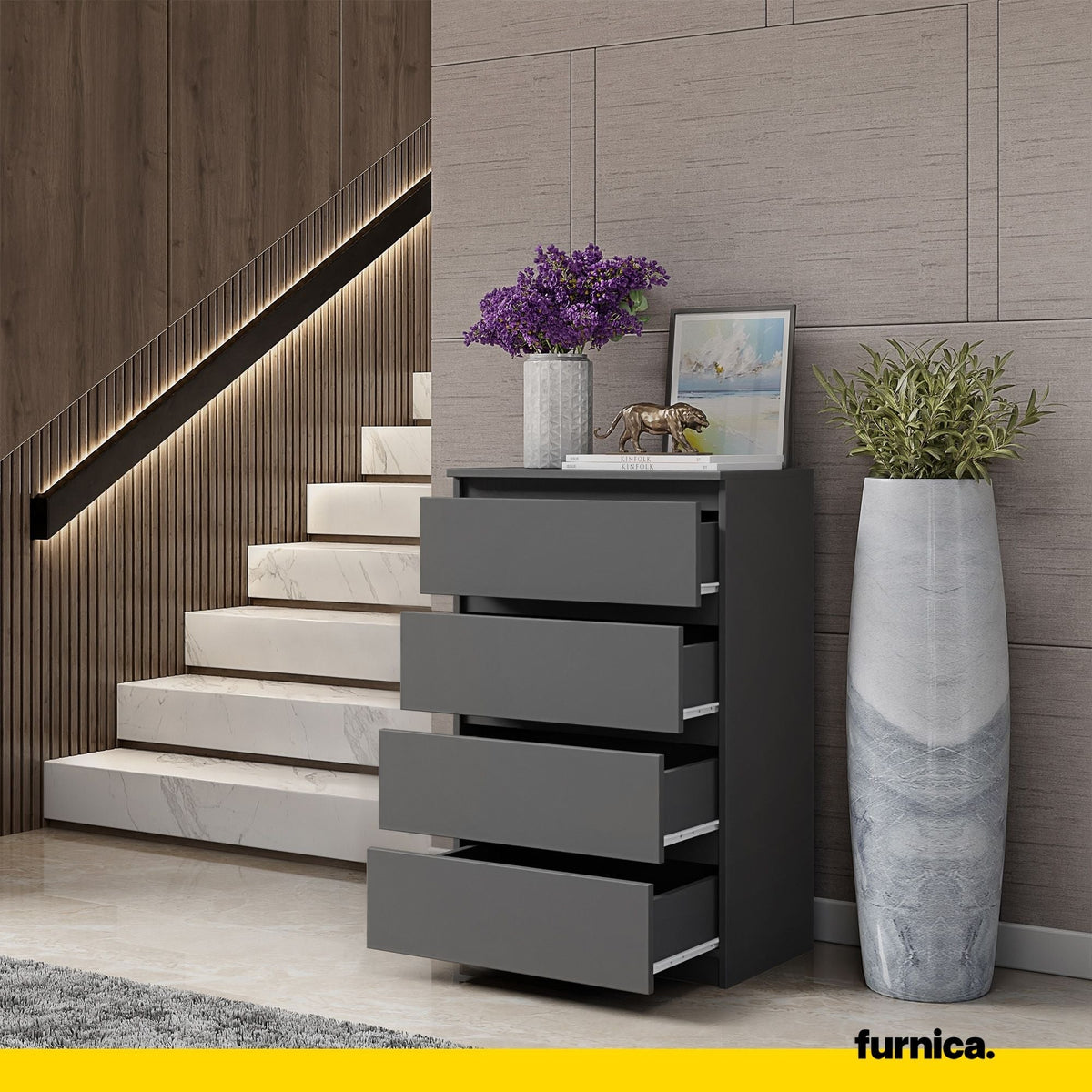 GABRIEL - Komoda se 4 šuplíky - Skříň na oblečení do ložnice - Anthracitová - V92cm Š60cm H33cm (4) – Furnica