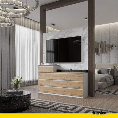 GABRIEL - Komoda se 10 šuplíky (6+4) - Skříň na oblečení do ložnice - Bílý mat / Wotan dub H92/70cm Š160cm H33cm