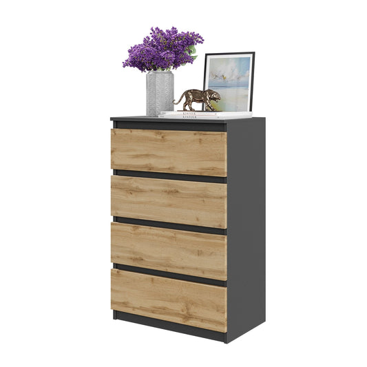 GABRIEL - Komoda se 4 šuplíky - Skříň na oblečení do ložnice - Anthracit / Wotan dub H92cm Š60cm D33cm