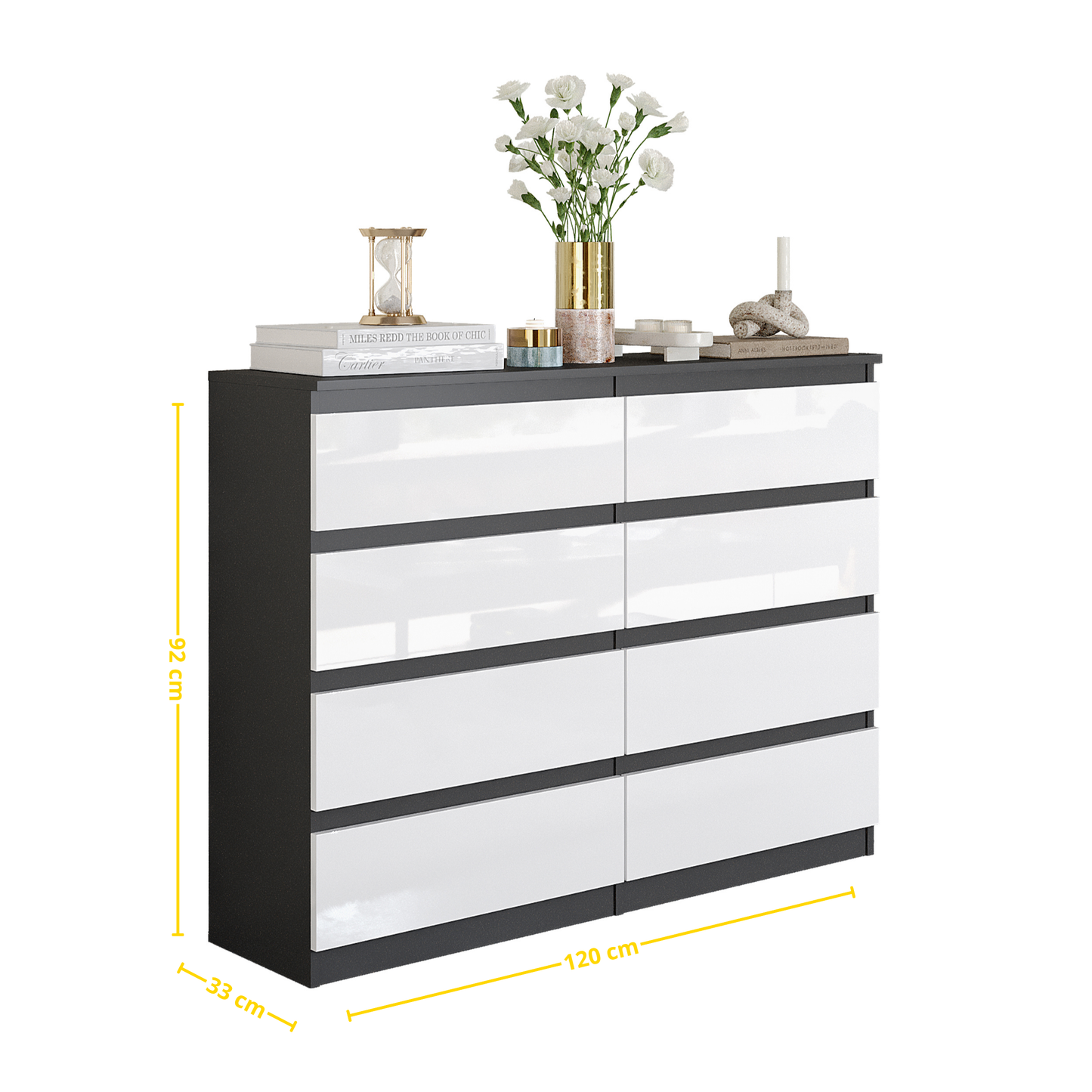 GABRIEL - Komoda se 8 šuplíky - Skříň na oblečení do ložnice - Antracit / Bílý lesk - H92cm Š120cm D33cm (2)