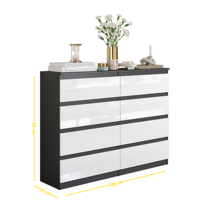 GABRIEL - Komoda se 8 šuplíky - Skříň na oblečení do ložnice - Antracit / Bílý lesk - H92cm Š120cm D33cm (2)
