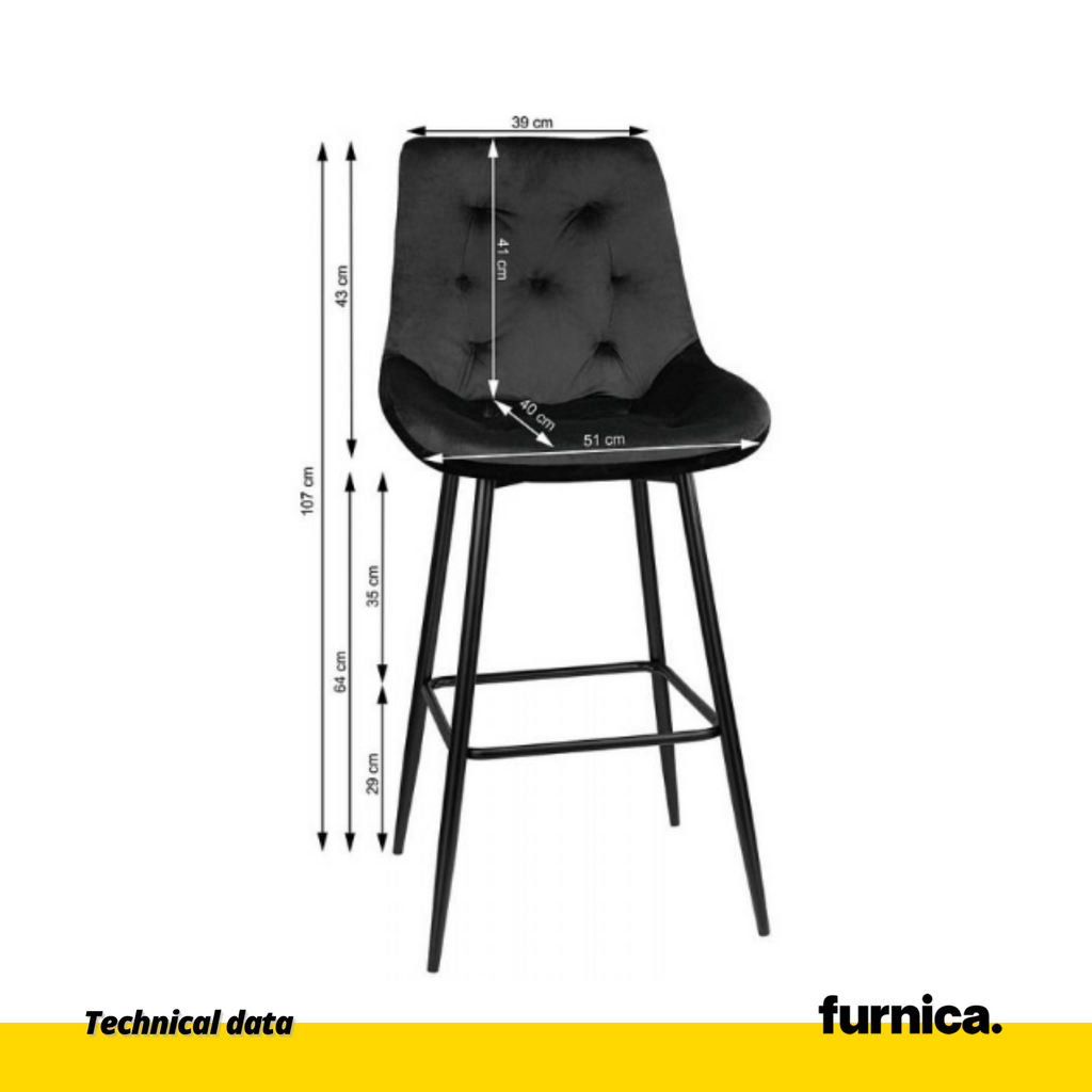 DANIELE - Prošívaný sametový jídelní / kancelářský stolička s černými kovovými nohami - černá