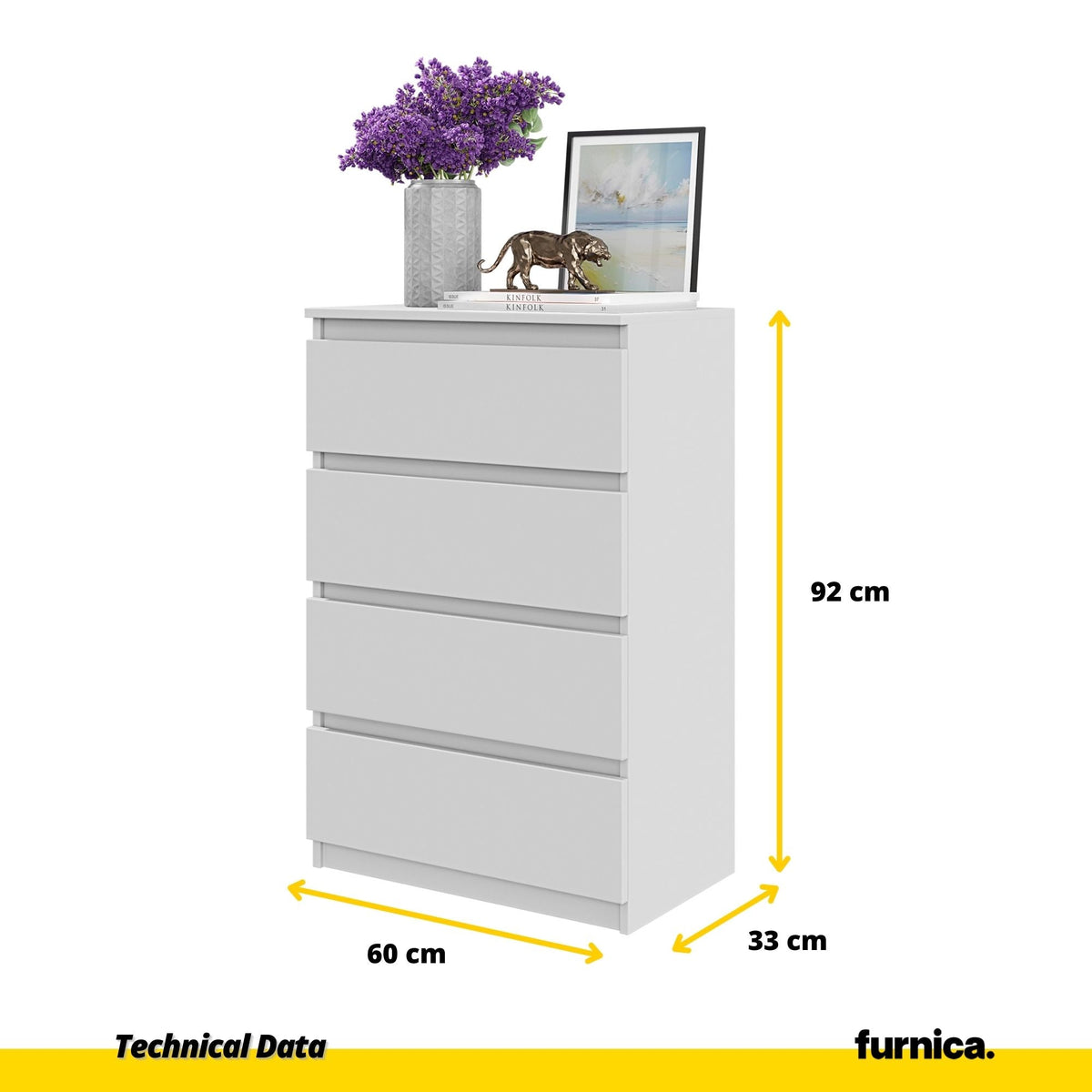 GABRIEL - Komoda se 4 zásuvkami - Skříň na oblečení do ložnice - Bílá matná - Výška 92 cm, šířka 60 cm, hloubka 33 cm. (2)