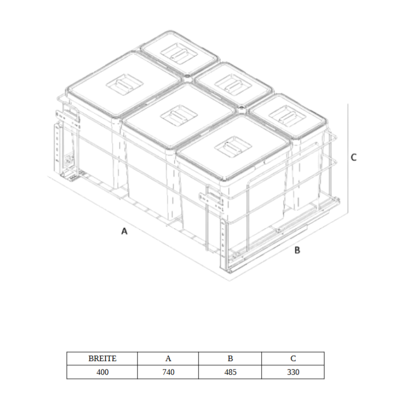 Koš na tříděný odpad s tlumeným zavíráním - 3x15 l + 3x6 l - skříňka 60 cm