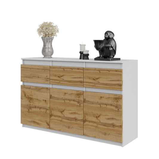NOAH - Komoda se 3 šuplíky a 3 dveřmi - Skříň na uložení oblečení do ložnice - Bílý mat / Wotan dub H75cm W120cm D35cm