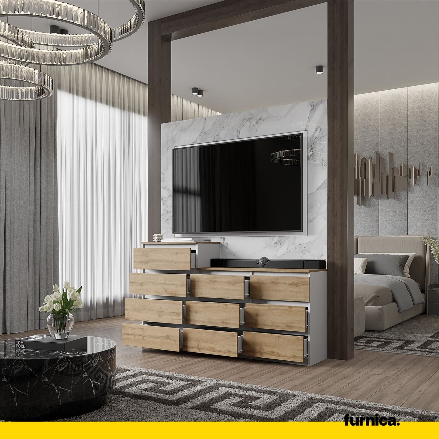 GABRIEL - Komoda se 10 šuplíky (6+4) - Skříň na oblečení do ložnice - Bílý mat / Wotan dub H92/70cm Š160cm H33cm