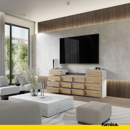 GABRIEL - Komoda se 14 šuplíky (4+6+4) - Skříň na oblečení do ložnice - Bílý mat / Wotan dub H92cm W220cm D33cm