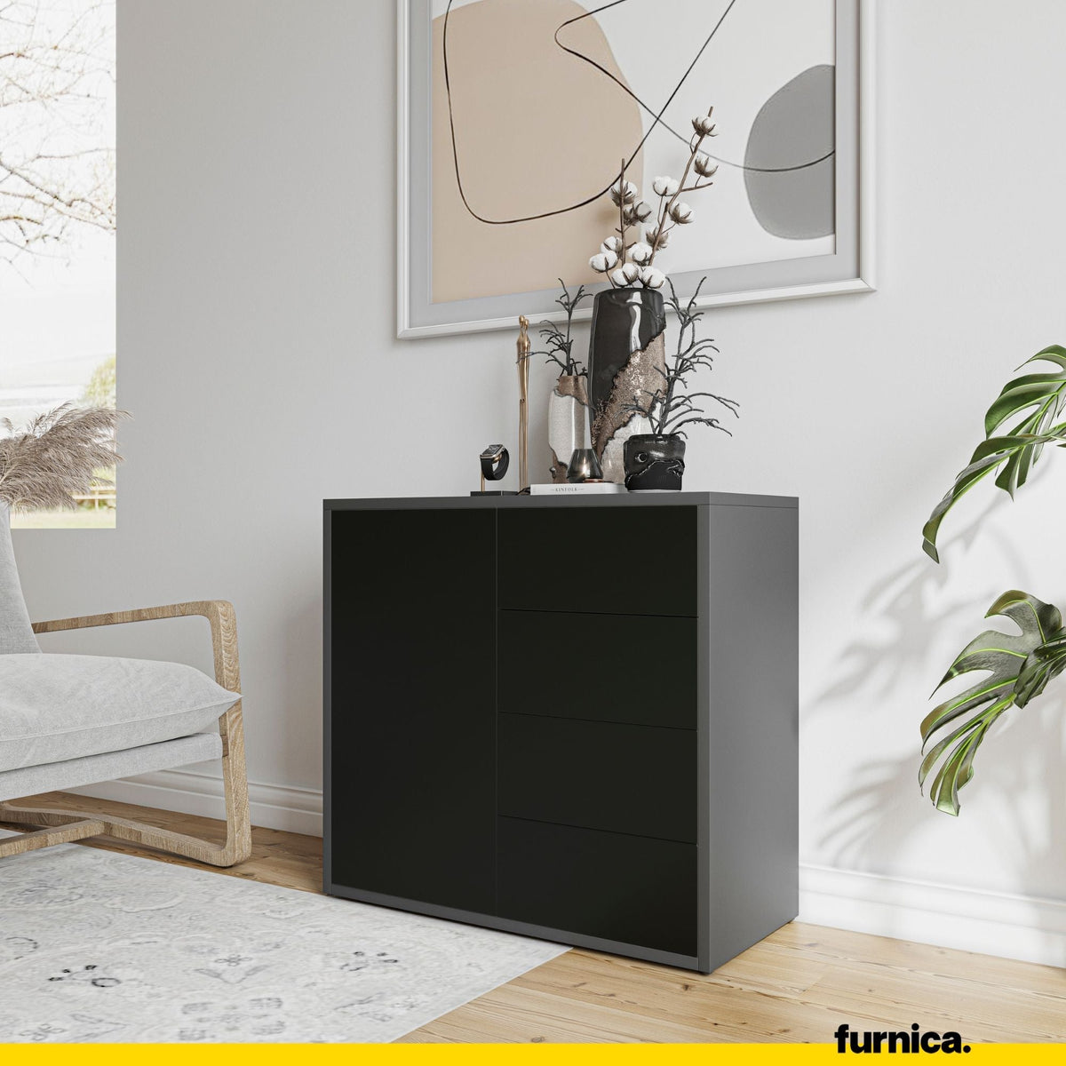 CAMILLE - Skříň s dvířky a 4 zásuvkami s funkcí push to open - antracit / černý matný povrch H74cm W80cm D36cm (4) – Furnica
