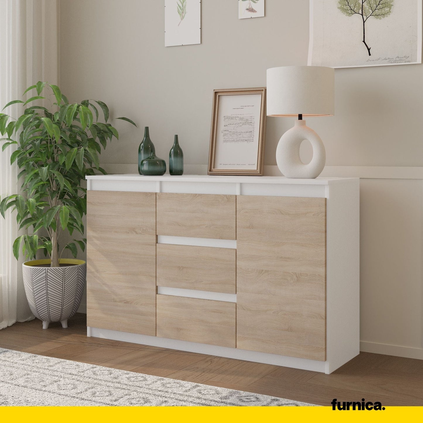 MIKEL - Komoda se 3 šuplíky a 2 dveřmi - Skříň na oblečení do ložnice - Bílý mat / Sonoma dub - Výška 75 cm, šířka 120 cm, hloubka 35 cm.