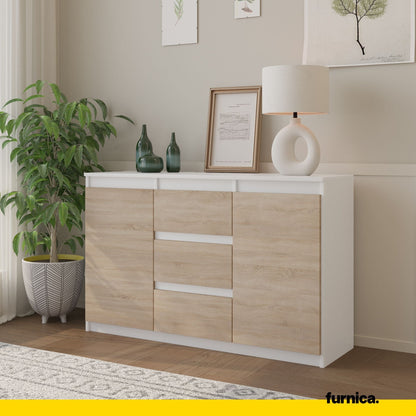 MIKEL - Komoda se 3 šuplíky a 2 dveřmi - Skříň na oblečení do ložnice - Bílý mat / Sonoma dub - Výška 75 cm, šířka 120 cm, hloubka 35 cm.