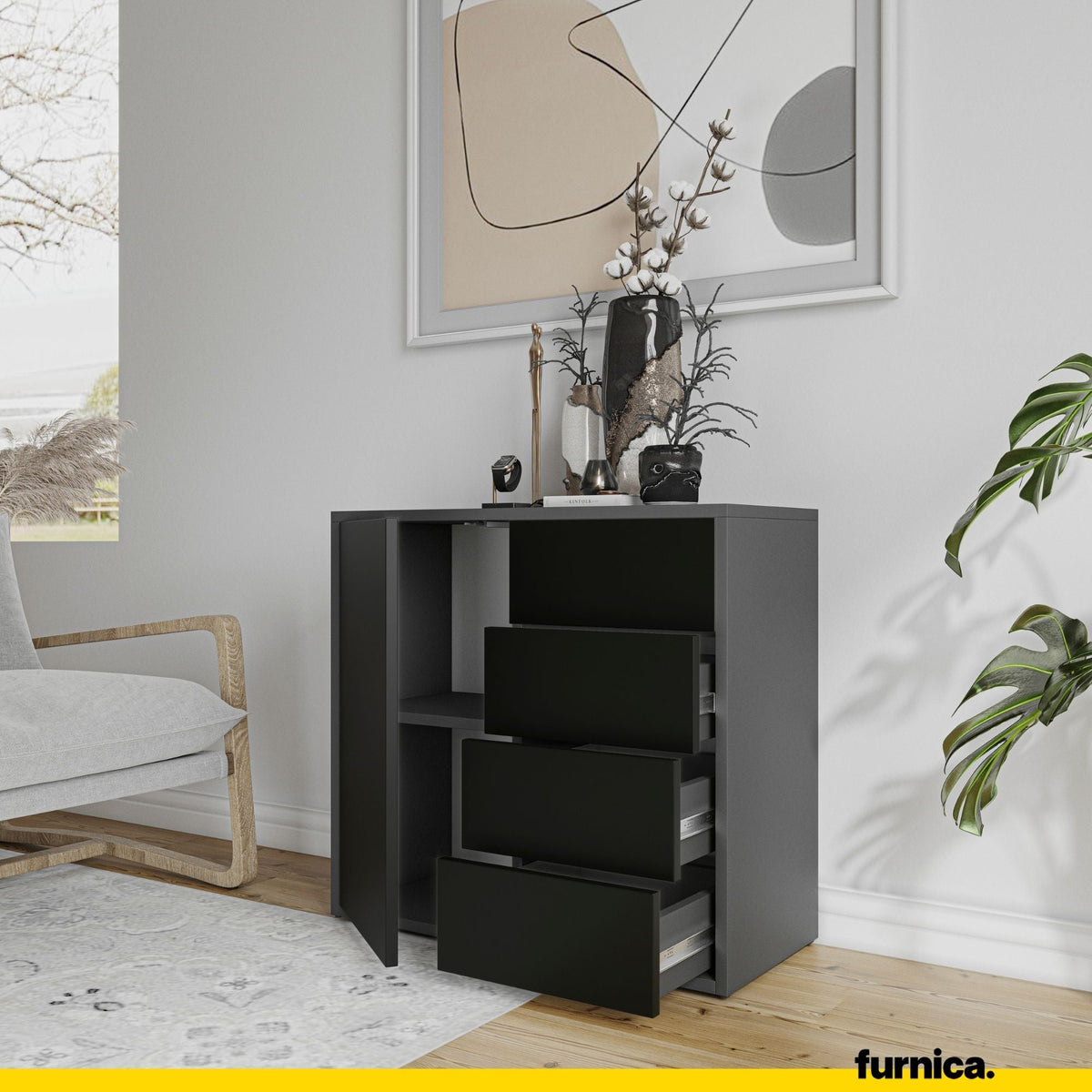CAMILLE - Skříň s dvířky a 4 zásuvkami s funkcí push to open - antracit / černý matný povrch H74cm W80cm D36cm (5) – Furnica
