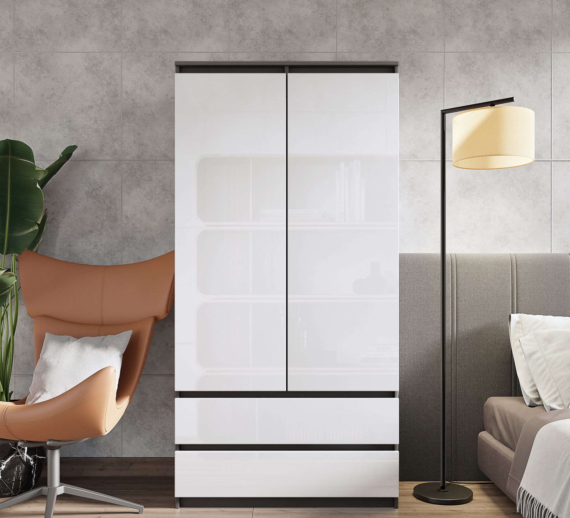 JOELLE - Skříň se 2 dveřmi a 2 zásuvkami - Antracit / Bílý lesk - H180cm Š90cm D50cm (3)