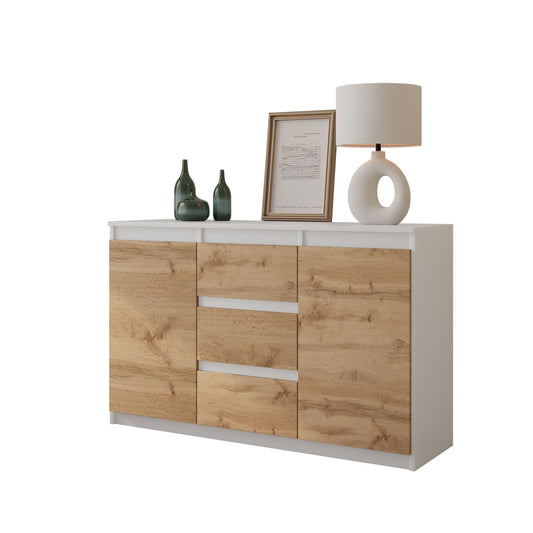 MIKEL - Komoda se 3 šuplíky a 2 dveřmi - Skříň na oblečení do ložnice - Bílý mat / Wotan dub H75cm W120cm D35cm