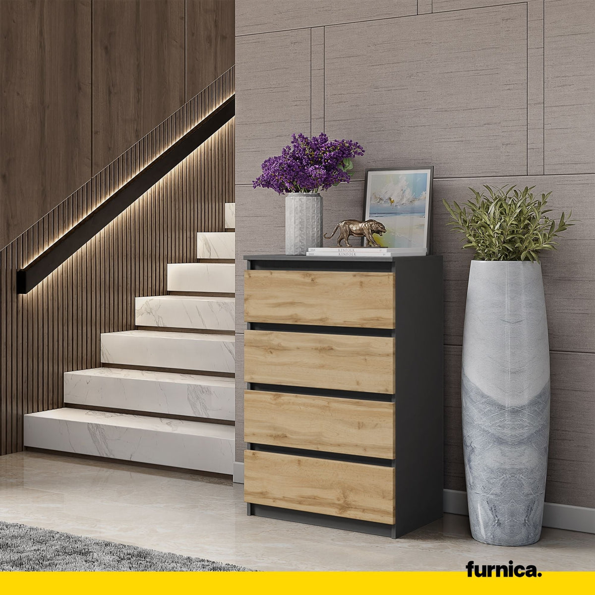 GABRIEL - Komoda se 4 šuplíky - Skříň na oblečení do ložnice - Anthracit / Wotan dub H92cm Š60cm D33cm (3) – Furnica