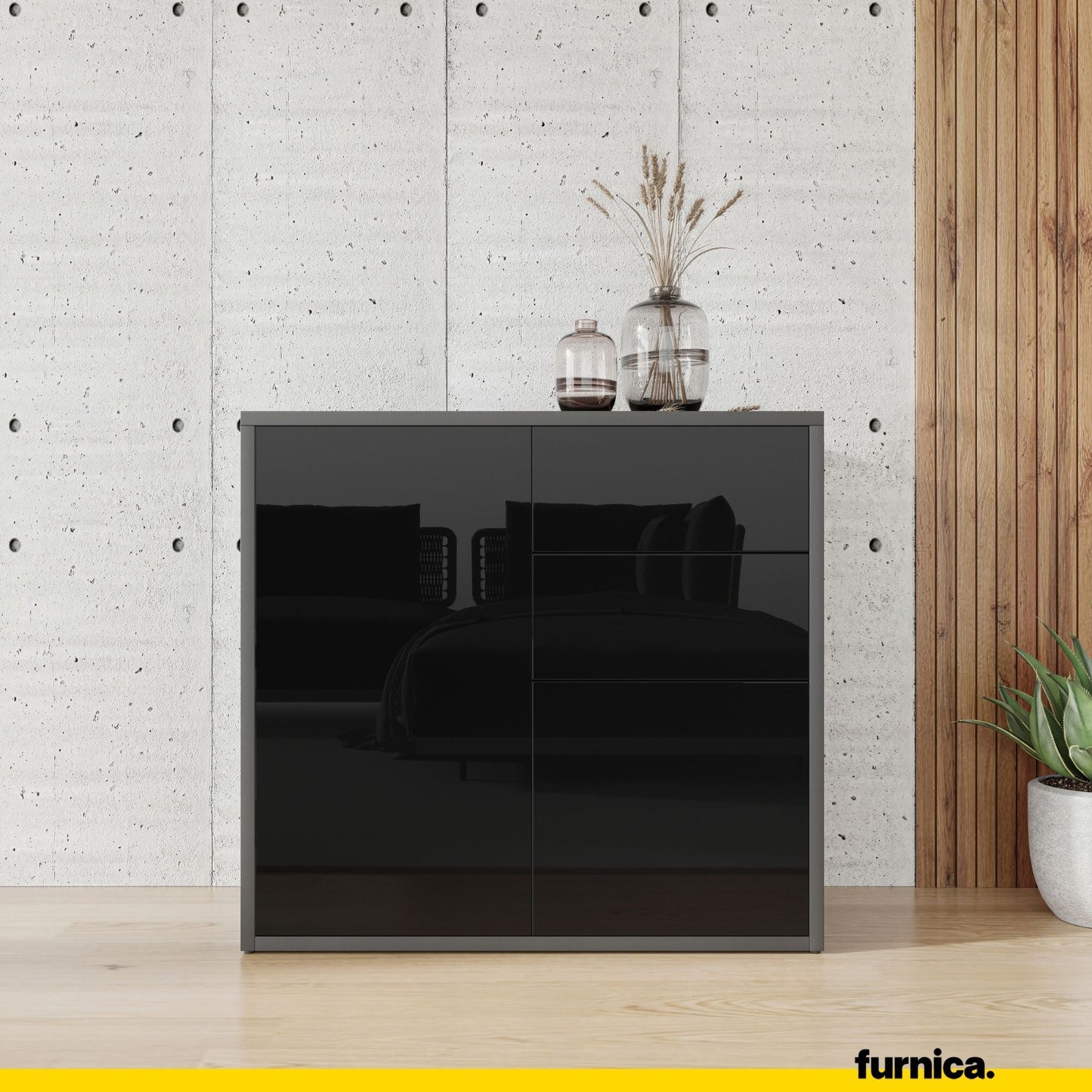 CAMILLE - Skříň s dvěma dveřmi a dvěma šuplíky s funkcí push to open - antracit / černý lesk H74cm W80cm D36cm (3) – Furnica