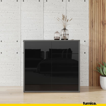 CAMILLE - Skříň s dvěma dveřmi a dvěma šuplíky s funkcí push to open - antracit / černý lesk H74cm W80cm D36cm (3) – Furnica