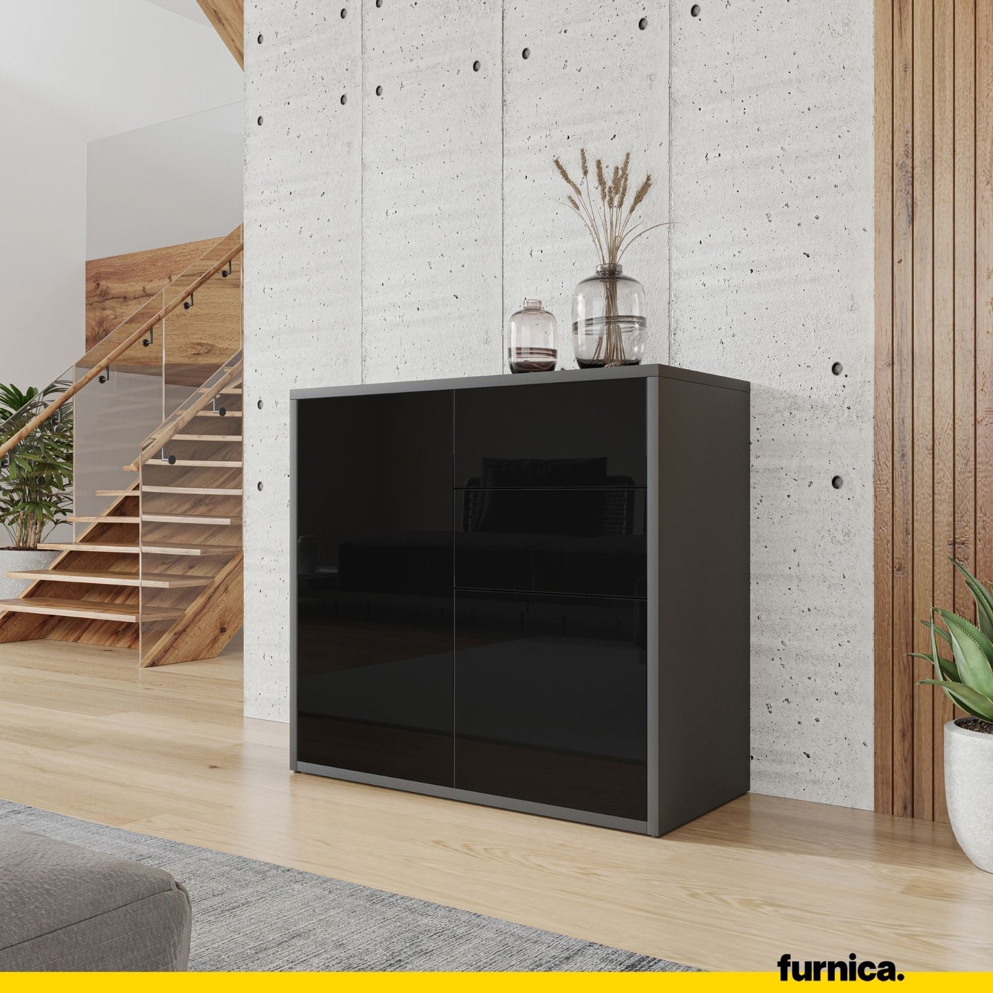 CAMILLE - Skříň s dvěma dveřmi a dvěma šuplíky s funkcí push to open - antracit / černý lesk H74cm W80cm D36cm (4) – Furnica