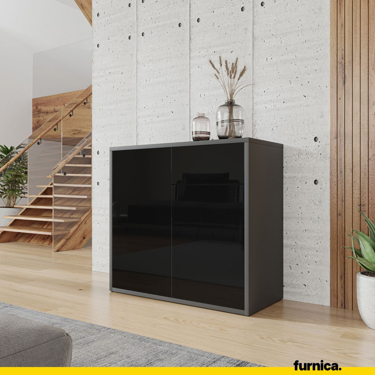 CAMILLE - Skříň s dvěma dveřmi a dvěma šuplíky s funkcí push to open - antracit / černý lesk H74cm W80cm D36cm (4) – Furnica