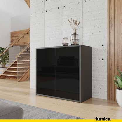 CAMILLE - Skříň s dvěma dveřmi a dvěma šuplíky s funkcí push to open - antracit / černý lesk H74cm W80cm D36cm (4) – Furnica
