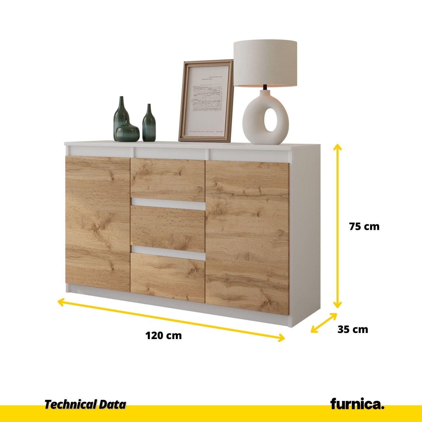 MIKEL - Komoda se 3 šuplíky a 2 dveřmi - Skříň na oblečení do ložnice - Bílý mat / Wotan dub H75cm W120cm D35cm