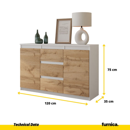MIKEL - Komoda se 3 šuplíky a 2 dveřmi - Skříň na oblečení do ložnice - Bílý mat / Wotan dub H75cm W120cm D35cm