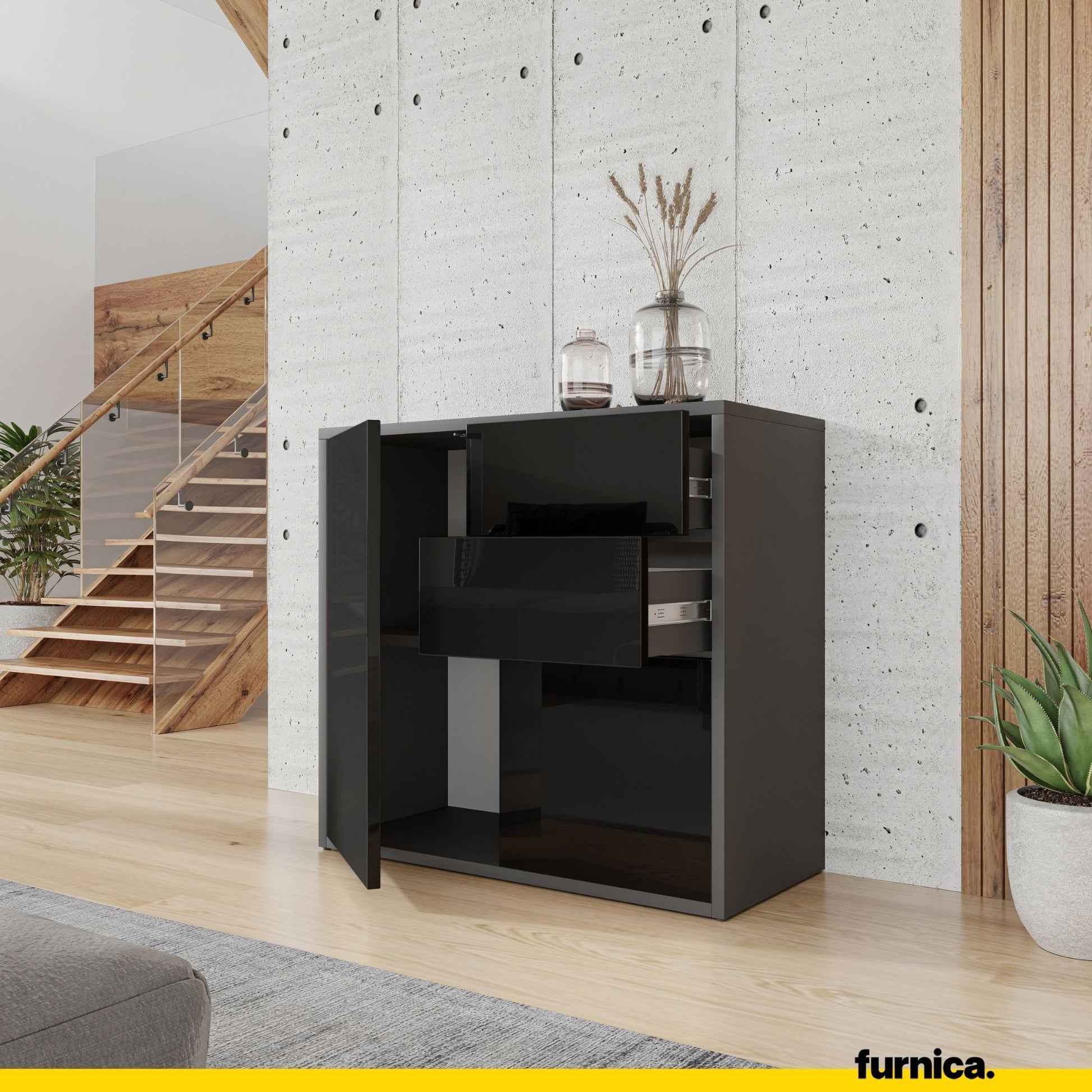 CAMILLE - Skříň s dvěma dveřmi a dvěma šuplíky s funkcí push to open - antracit / černý lesk H74cm W80cm D36cm (5) – Furnica