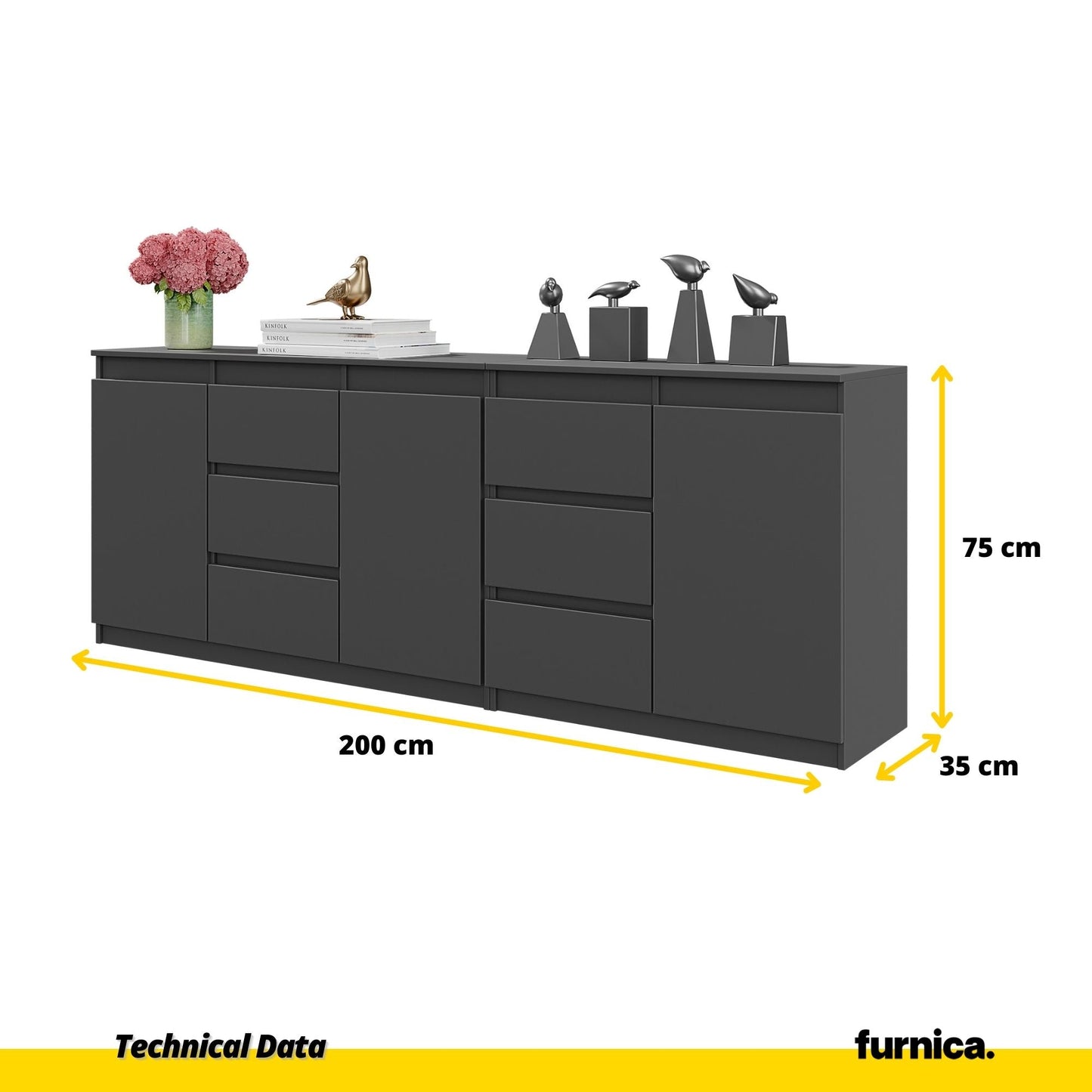 MIKEL - Komoda se 6 šuplíky a 3 dveřmi - Skříň na oblečení do ložnice - Anthracitová - Výška 75 cm, šířka 200 cm, (2)