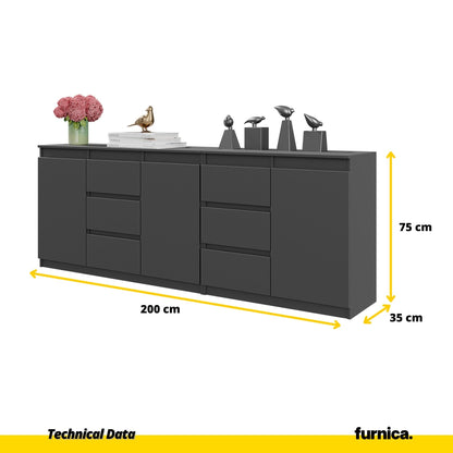 MIKEL - Komoda se 6 šuplíky a 3 dveřmi - Skříň na oblečení do ložnice - Anthracitová - Výška 75 cm, šířka 200 cm, (2)