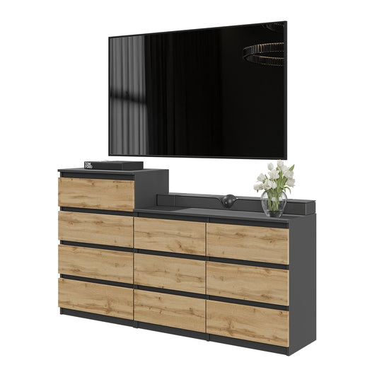 GABRIEL - Komoda se 10 šuplíky (6+4) - Skříň na oblečení do ložnice - Anthracit / Wotan dub H92/70cm Š160cm H33cm