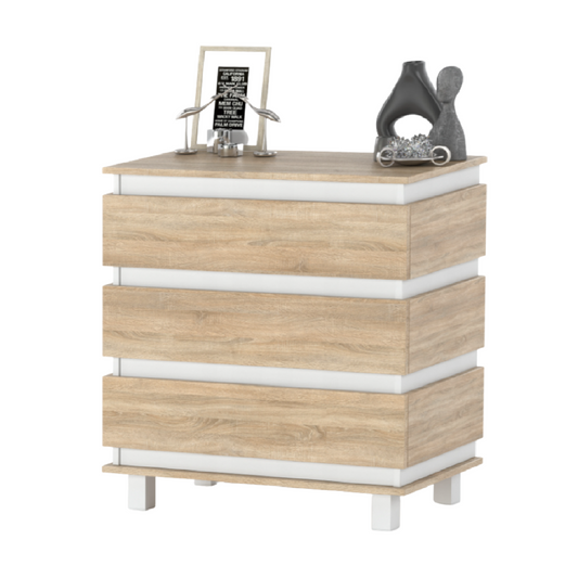 MARGARET - Komoda se 3 zásuvkami - Skříň na oblečení do ložnice - Bílý mat / Sonoma dub - V: 86 cm, Š: 83 cm, H: 44 cm