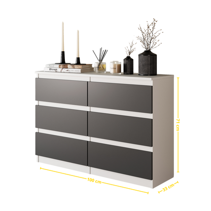 GABRIEL - Komoda se 6 šuplíky - Skříň na oblečení do ložnice - Bílá matná / Antracit - H71cm Š100cm D33cm (2)