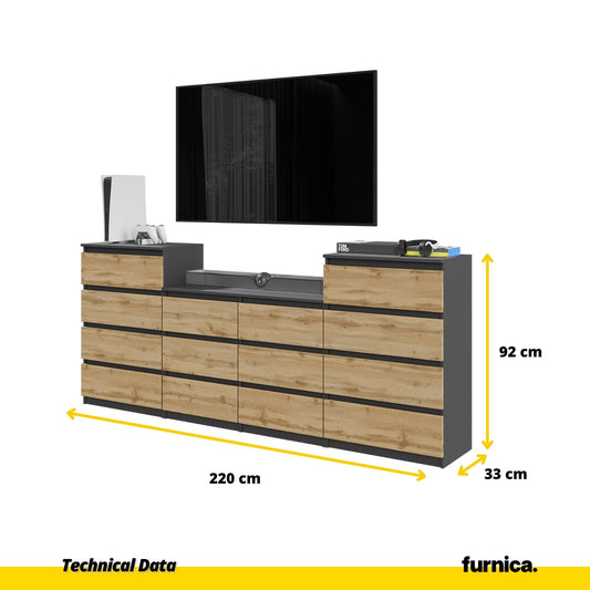 GABRIEL - Komoda se 14 šuplíky (4+6+4) - Skříň na oblečení do ložnice - Anthracit / Wotan dub H92cm Š220cm H33cm