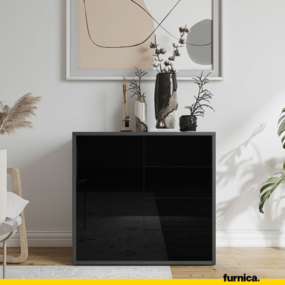 CAMILLE - Skříň s výsuvnými dvířky a 4 zásuvkami - antracit / černý lesk H74cm W80cm D36cm (3) – Furnica