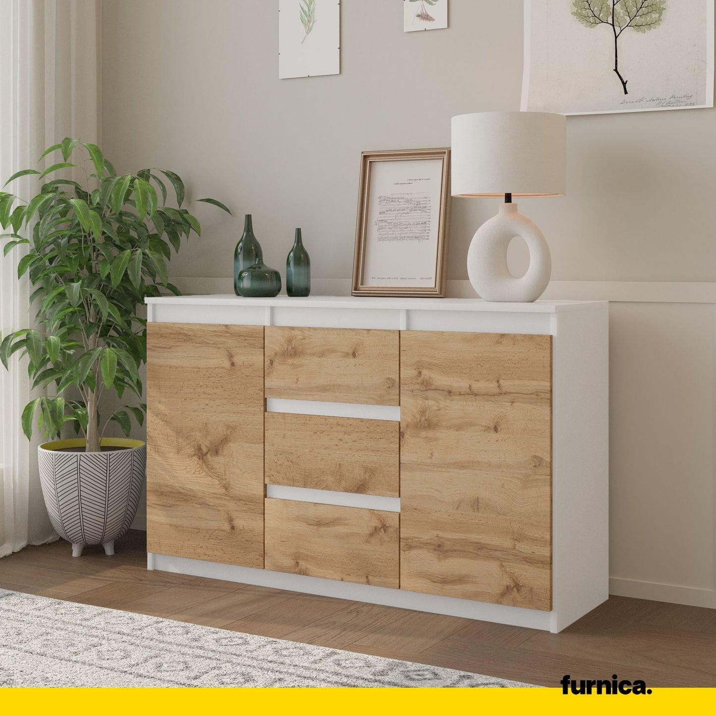 MIKEL - Komoda se 3 šuplíky a 2 dveřmi - Skříň na oblečení do ložnice - Bílý mat / Wotan dub H75cm W120cm D35cm