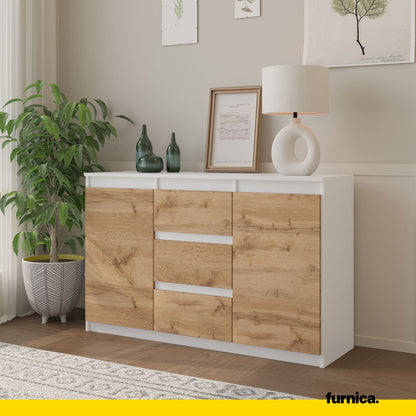 MIKEL - Komoda se 3 šuplíky a 2 dveřmi - Skříň na oblečení do ložnice - Bílý mat / Wotan dub H75cm W120cm D35cm