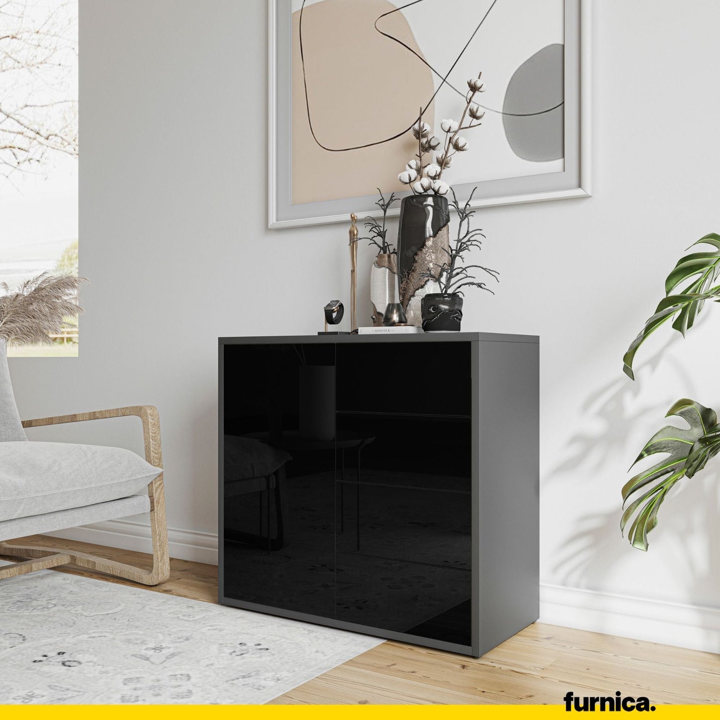 CAMILLE - Skříň s výsuvnými dvířky a 4 zásuvkami - antracit / černý lesk H74cm W80cm D36cm (4) – Furnica
