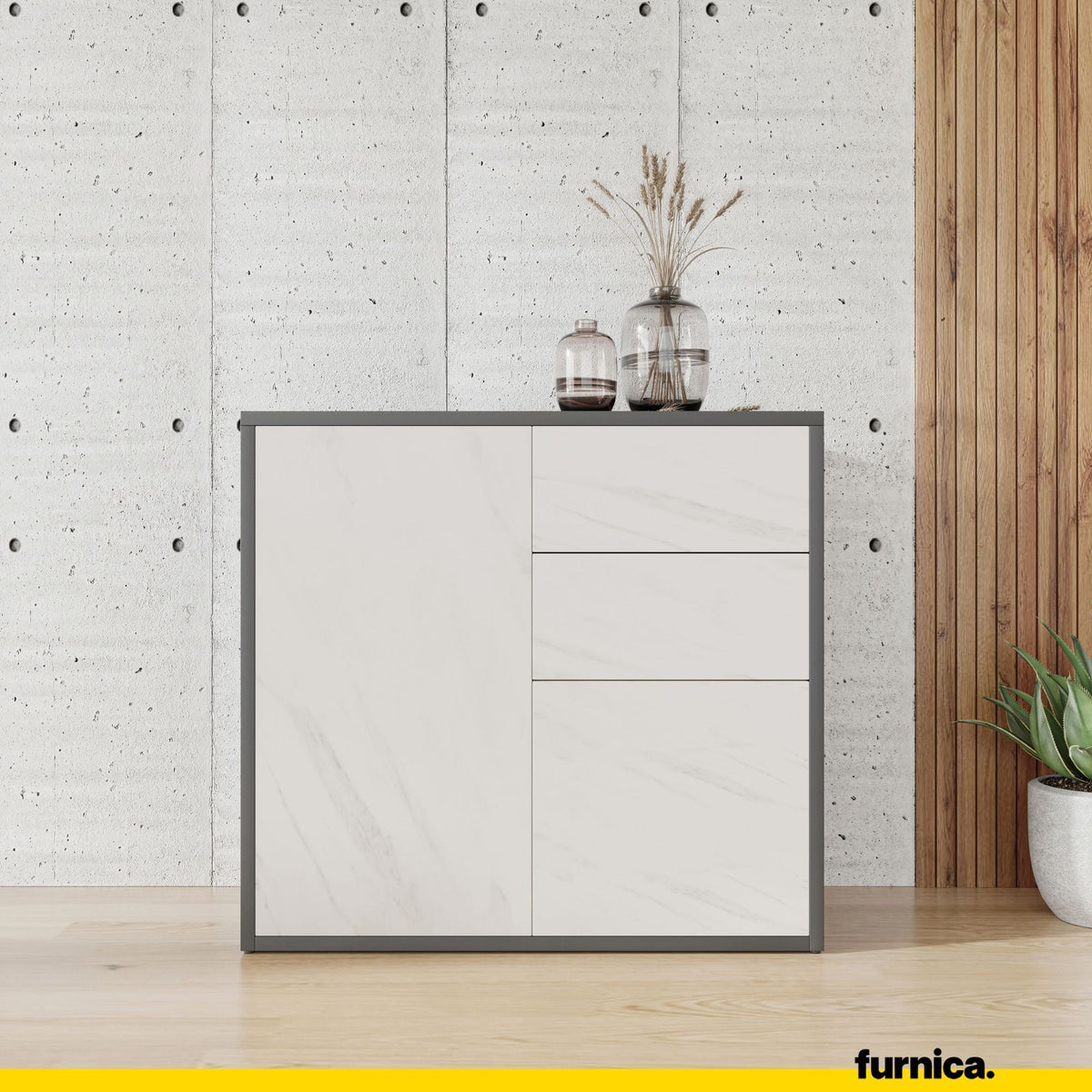 CAMILLE - Skříň s dvěma dveřmi a dvěma šuplíky s funkcí push to open - antracit / bílý mramor H74cm W80cm D36cm (3) – Furnica