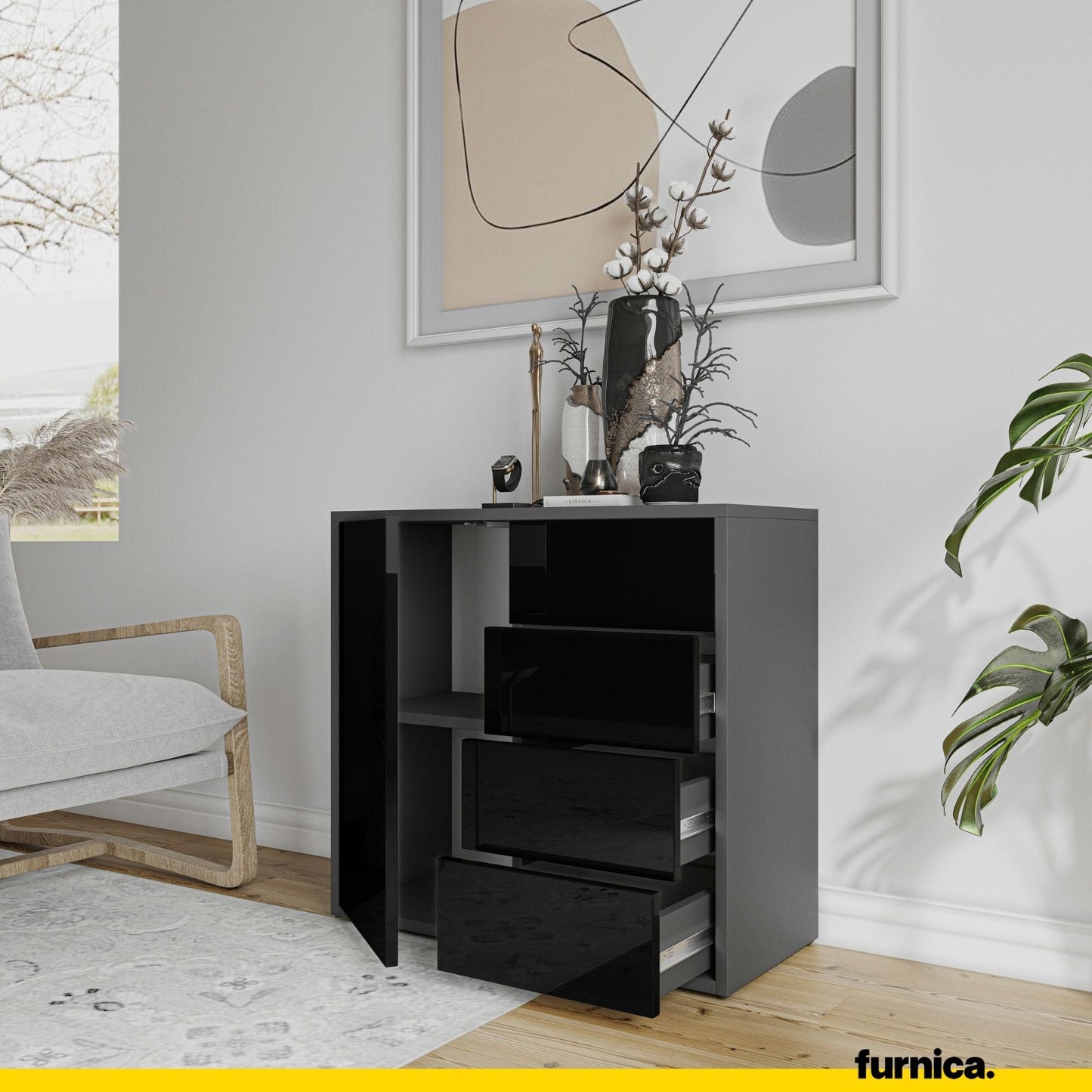 CAMILLE - Skříň s výsuvnými dvířky a 4 zásuvkami - antracit / černý lesk H74cm W80cm D36cm (5) – Furnica