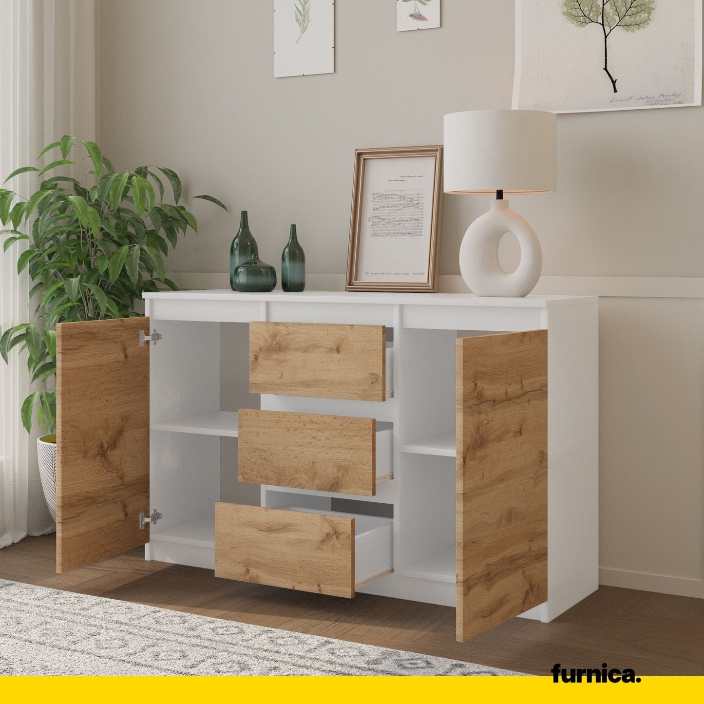 MIKEL - Komoda se 3 šuplíky a 2 dveřmi - Skříň na oblečení do ložnice - Bílý mat / Wotan dub H75cm W120cm D35cm