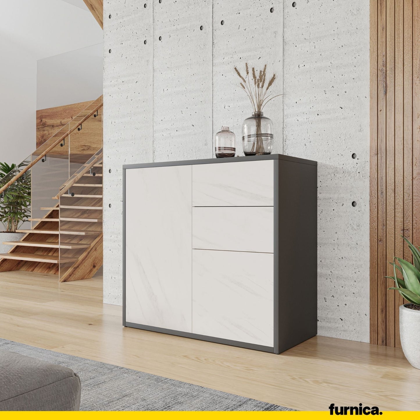 CAMILLE - Skříň s dvěma dveřmi a dvěma šuplíky s funkcí push to open - antracit / bílý mramor H74cm W80cm D36cm (4) – Furnica