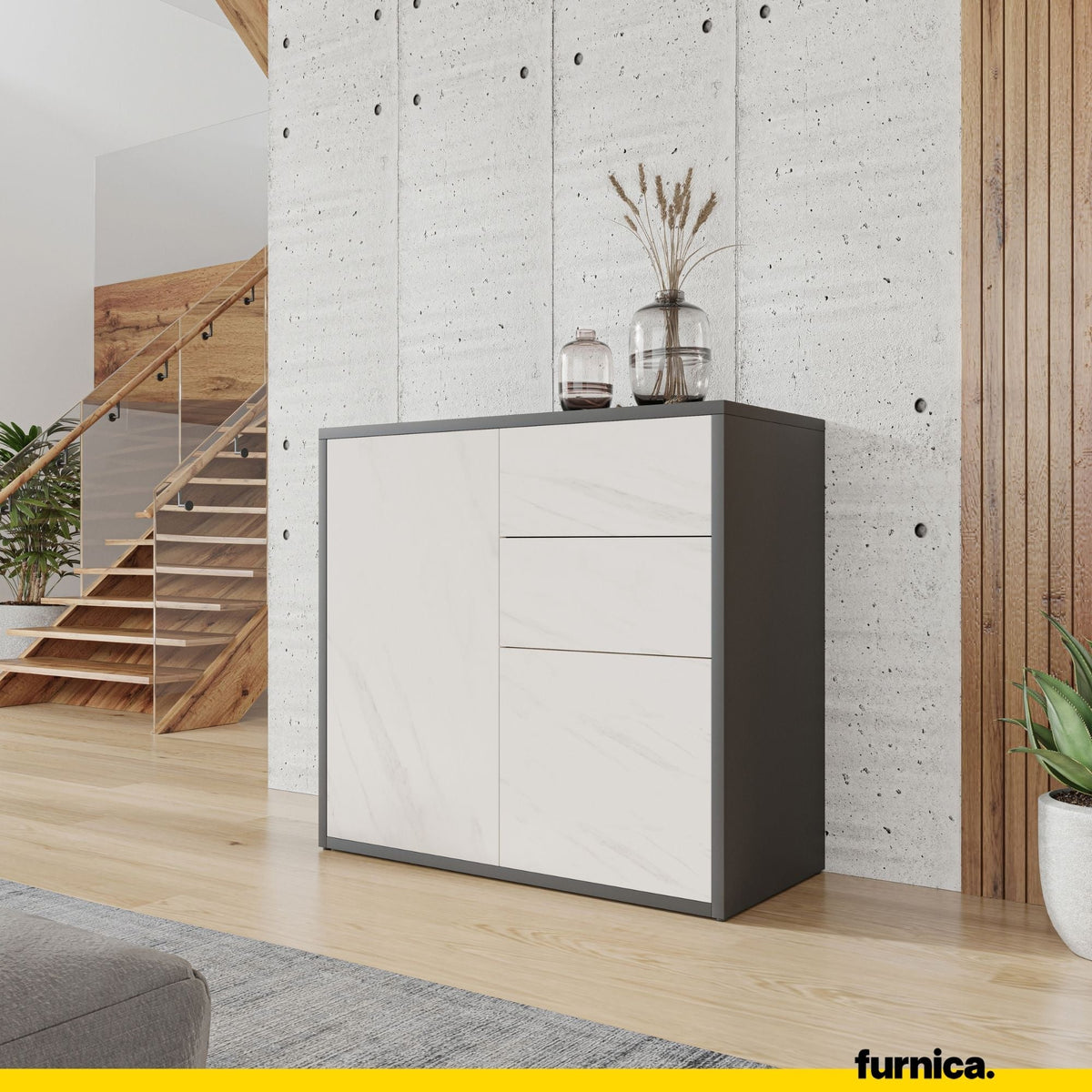 CAMILLE - Skříň s dvěma dveřmi a dvěma šuplíky s funkcí push to open - antracit / bílý mramor H74cm W80cm D36cm (4) – Furnica