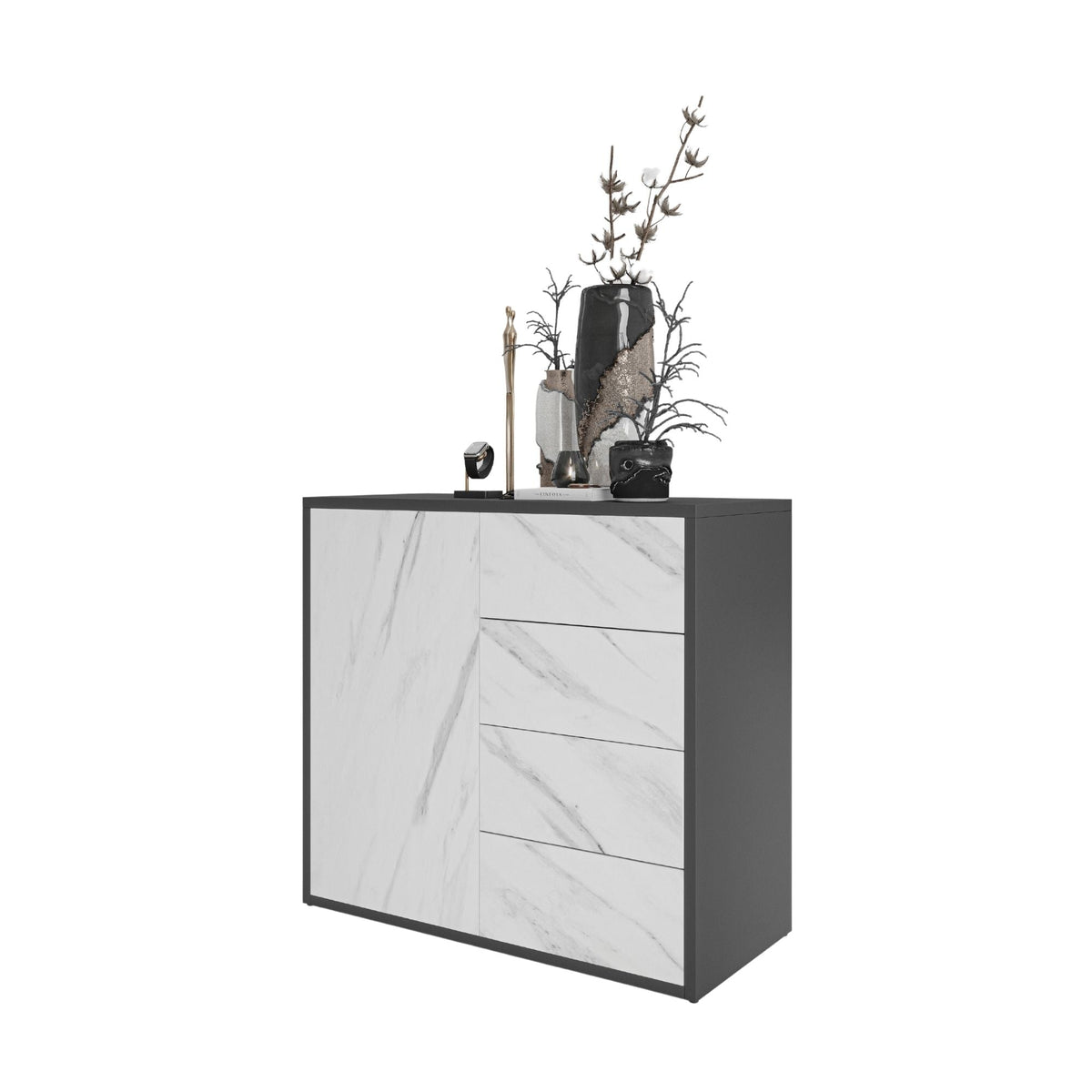 CAMILLE - Skříň s dvířky a 4 zásuvkami s funkcí push to open - antracit / bílý mramor H74cm Š80cm H36cm – Furnica