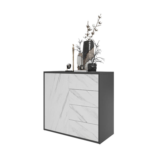 CAMILLE - Skříň s dvířky a 4 zásuvkami s funkcí push to open - antracit / bílý mramor H74cm Š80cm H36cm – Furnica